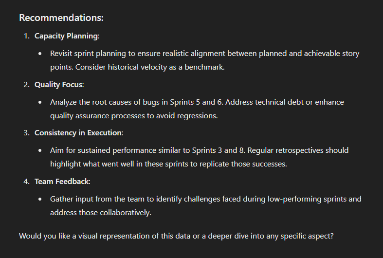 Advies van ChatGTP om productivireit van ene team te verbeteren op basis van sprint velocity data van meerdere spints.